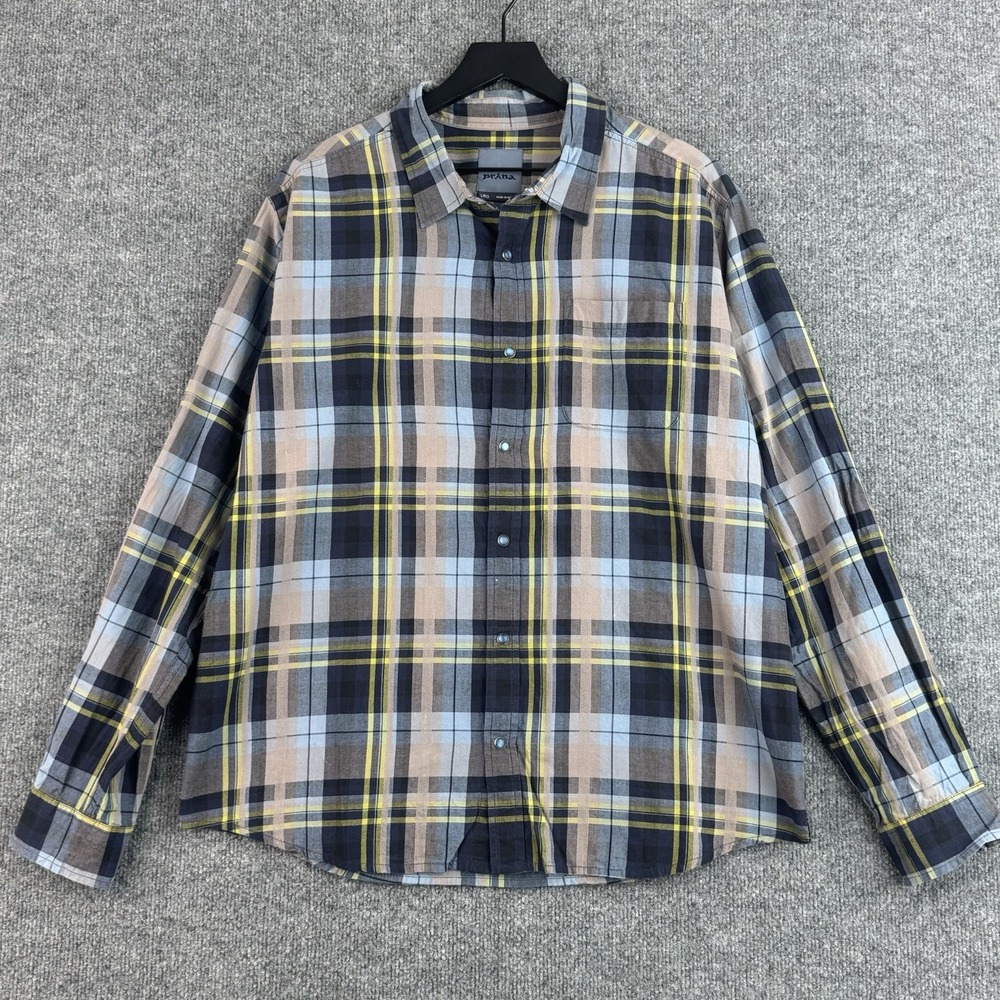 PRANA Snap Button Shirt Mens L Gray Plaid Outdoor Casual Hiking Long Sleeve